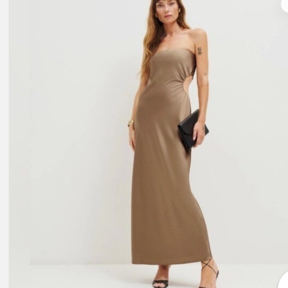 Reformation Square Neck Strapless Satin Gold Maxi Gown/Dress  Sz Medium - Picture 5 of 13